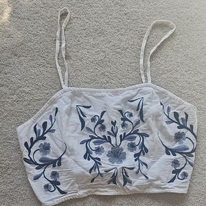 Floral Embroidered White and Blue Women's Top